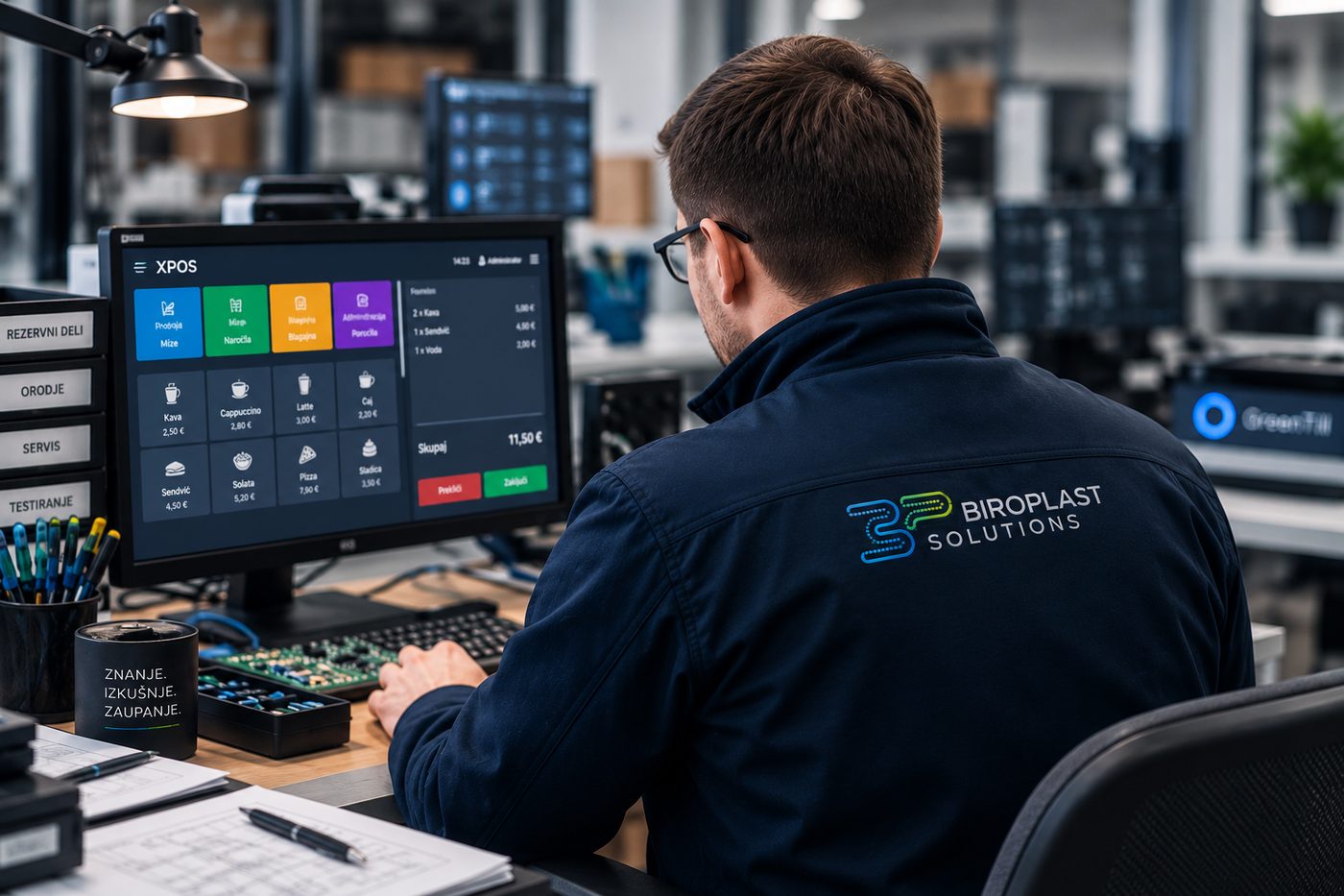 Serviser ekipe Biroplast Solutions pri delu na blagajniškem sistemu GreenTill